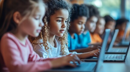 Aufkleber - Group of TechSavvy Primary School Children Working on Their Laptop and Tablet Computers in Class Young Female Teacher Educating Kids on Internet Safety Basic Programming Languages and  : Generative AI