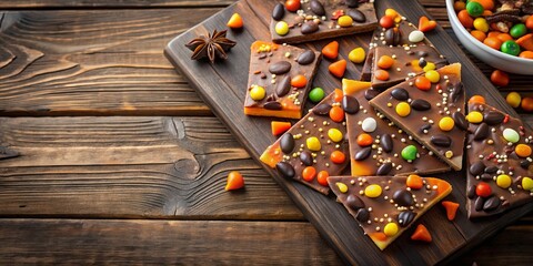 Halloween-themed chocolate bark with colorful candy bits on a wooden board for festive celebrations and holiday treats