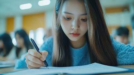 Aufkleber - Woman students and writing with test in classroom for exam study or assignment at university Female person or group busy on project or essay with notebook for higher education lesson o : Generative AI