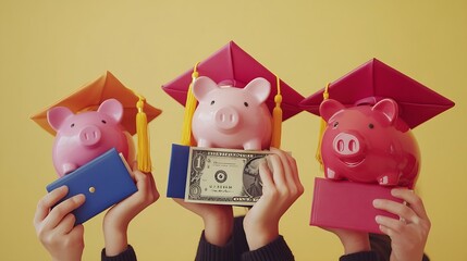 Female hands holding graduation hats with piggy banks money diplomas and book on beige background : Generative AI