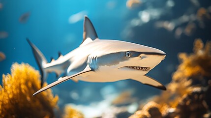 Poster - Reef shark swimming The Caribbean reef shark is a species of requiem shark belonging to the family Carcharhinidae It is found in the tropical waters of the western Atlantic Ocean from  : Generative AI