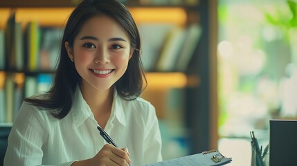 Aufkleber - Woman office and smile with writing notes or ideas with strategy planning and admin as hr manager Female person workplace and happy with calendar agenda and paperwork or documents and  : Generative AI