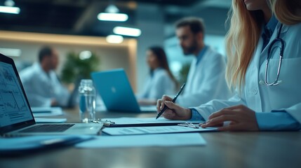 Aufkleber - Healthcare meeting and doctors nurses and laptop in office with documents for medical compliance surgery or planning Hospital team or people online for brainstorming solution or proble : Generative AI