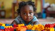 © The Little Hut - Children portrait and playing with building blocks in home for growth child development and learning for motor skills African kids happy and toy puzzle in education skill and cognitive : Generative AI