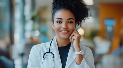 Poster - Laptop notebook and phone call with doctor black woman in hospital office for appointment Computer schedule and writing with medicine professional in cardiology clinic for healthcare o : Generative AI