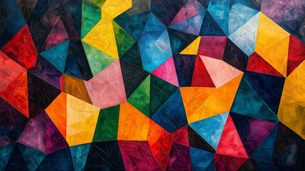 A visually dynamic composition of geometric shapes tessellating in complex patterns, highlighted with vibrant colors