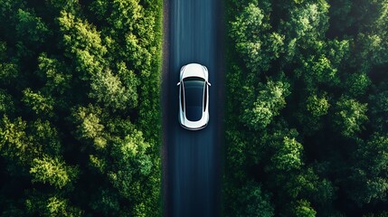 Fototapete - Top view of a white electric car driving  dark green forest road which is an elevated road that surrounds natural forest Concept of using electric cars to protect the environment and t : Generative AI