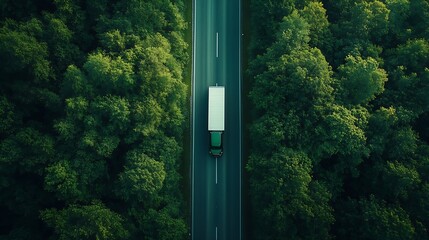 Fototapete - Aerial top view of car and truck driving on highway road in green forest Sustainable transport Drone view of hydrogen energy truck and electric vehicle driving on asphalt road through  : Generative AI