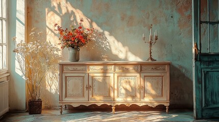 Watercolor vintage sideboard with detailed wood carvings, in a softly lit room.