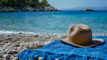 blue towel with hat and summer beach. 