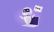© Marina - 3d bot with speech bubble floating above the laptop. Artificial intelligence technology, online customer support concept. Cute and friendly cartoon character, consulting assistant, robotic device.