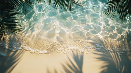 Poster - empty abstract sand beach with palm leaf shadow and transparent water wave from above blank background banner for travel vacation and wellbeing with copy space : Generative AI