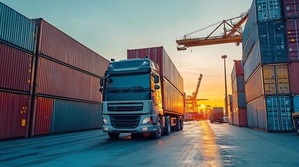 Poster - Container truck in ship port for business Logistics and transportation of Container Cargo ship and Cargo plane logistic import export and transport concept : Generative AI