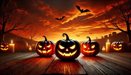 Three glowing jack-o'-lanterns of varying sizes placed on a wooden surface at dusk, with a mysterious, mist-covered lake background, 