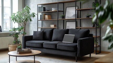 Wall Mural - Interior of light living room with black sofa shelving unit coffee table and modern laptop : Generative AI