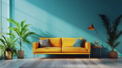 Wall Mural - Interior desgin of modern living room interior with colorful decorations and accessories plants sofa coffee table lamp and plant Blue wall Home decor Template : Generative AI