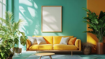 Wall Mural - Interior desgin of modern living room interior with mock up poster frame colorful decorations and accessories plants sofa coffee table Blue wall Home decor Template : Generative AI