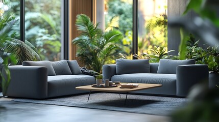 Poster - Interior of living room with grey sofas workplace and plants : Generative AI
