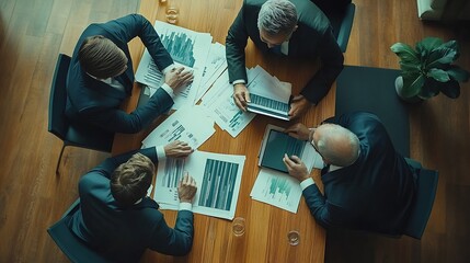 Wall Mural - Top view of smart manager looking at financial statistic on tablet at meeting room Group of diverse business people working together to analyze investment data on table with notebook D : Generative AI