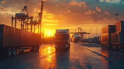 Poster - Container truck in ship port for business Logistics and transportation of Container Cargo ship and Cargo plane with working crane bridge in shipyard at sunrise logistic import export c : Generative AI