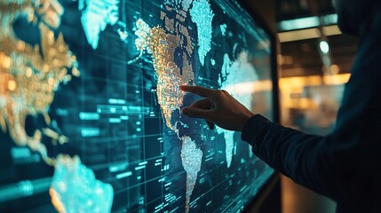 Poster - Smart technology logistics concept  Businessman touching virtual screen world map of Global logistics network distribution Air cargo trucking Rail transportation and maritime shipping : Generative AI