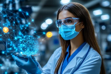 Wall Mural - Female scientist in a high tech laboratory holding a glowing digital sphere representing cutting edge research and technological advancements in molecular biology and data science