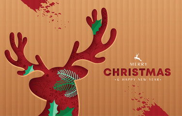 Wall Mural - Christmas greeting vector card design. Merry christmas and happy new year text with reindeer paper cut shape in brown pattern background. Vector illustration seasonal greeting card design.
