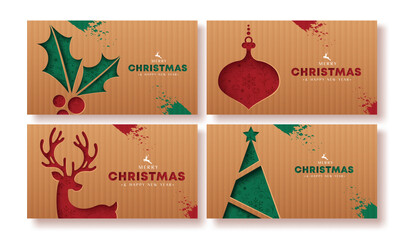 Wall Mural - Merry christmas greetings card  vector card poster design. Christmas greeting text with printed elements like holly berry, reindeer, xmas tree and lantern in brown folded paper cut background. Vector 