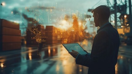Poster - Multiple exposures of Businessman touching tablet for analyze stock at logistics port and world map with logistic network distribution : Generative AI