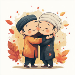 Wall Mural - Eid al-Fitr Celebration: Two Muslim Men Hugging and Apologizing in a Cartoon Style