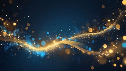 Wall Mural - Shiny bokeh lights on blue background, particles and waves of golden light on solid dark blue backdrop