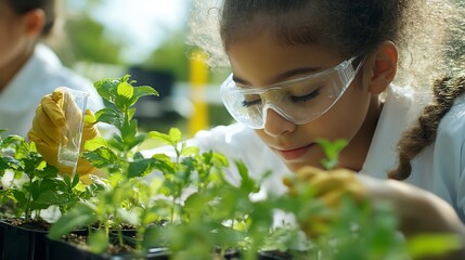 Aufkleber - Smart Boys and Talented Girls Experimenting with Growing Crops and Testing Different Nutrition Additives Young Teacher Helping Elementary School Pupils with Biology and Chemistry Class : Generative AI