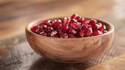 Wall Mural - Red pomegranate seeds, peeled and ready for nourishment and culinary purposes, in a rustic wooden bowl.