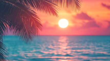 Poster - Sunrise sea beach sunset ocean tropical island coconut palm tree leaves soft color blurred background pink red sky sun reflection on blue water peaceful relaxed dawn landscape summer h : Generative AI
