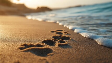Poster - Dogs footprint on the beach Dog paw prints on the sand loneliness concept footprints in the sand of a beach near the ocean : Generative AI