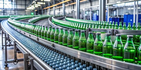 Conveyor belt carrying bottles in a beverage factory interior, beverage, factory, interior, conveyor belt