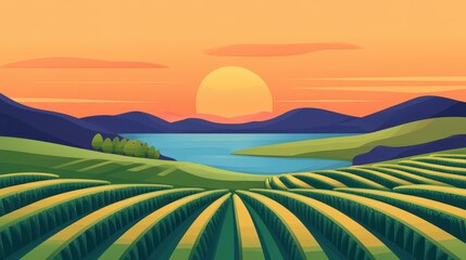 Wall Mural - Enjoy a stunning evening view over a vineyard, with a charming hill silhouette in this beautiful vector illustration.