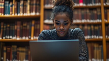 Aufkleber - Focused African American College Student Studying in a Classic Library Young Woman Using Laptop for Online Education Surrounded by Books Preparing for University Exams : Generative AI