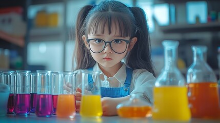 Aufkleber - Girl classroom and science beaker for learning education and test with smart or intelligent child Student in school with chemistry knowledge and pour liquid for experiment and chemical : Generative AI
