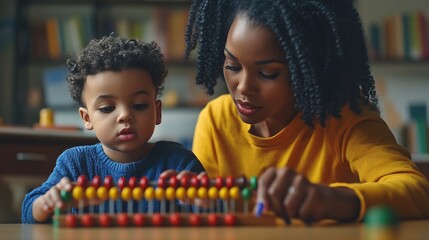Poster - Black female teacher and little boy sitting at desk doing math using abacus early education concept : Generative AI