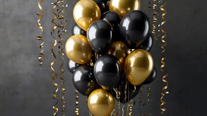 Colorful bright and unique balloons on solid colored background combination of golden and black colors, decorative illustration for celebrations, Christmas, parties and special events