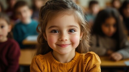 Aufkleber - Talented Small Girl Asking Teacher a Question in Class Portrait of a Happy Elementary School Student Studying Hard Learning New Things Getting Modern Education Together with Other Dive : Generative AI