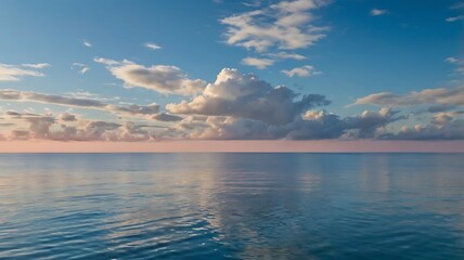 Scenic landscape view of a lake under great blue sky and sunset in horizon, reflection of clouds on clear water