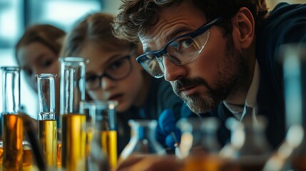 Fototapete - Teacher and students Learn and experiment with science in a school science classroom : Generative AI