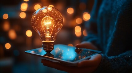 Leinwandbilder - Hand holding tablet with bulb for Artificial Intelligence or AI brain analysis informationTechnology and science conceptmachine learning systemHitech and futuristic world : Generative AI