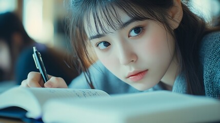 Aufkleber - Woman students and writing with test in classroom for exam study or assignment at university Female person or group busy on project or essay with notebook for higher education lesson o : Generative AI