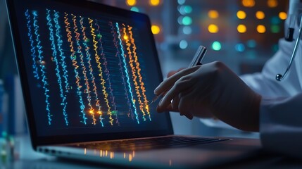 Poster - Doctor studying genetic disease in DNA research with laptop analyze genetic data formulate medical treatment strategies and develop healthcare plan for patient with innovative solution : Generative AI