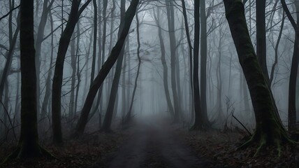 Wall Mural - Dark and mysterious landscape view of spooky road in a forest, white fog covered all trees and sky isn't visible, there are no leaves on trees