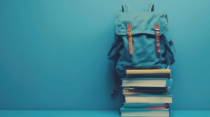 Canvas Print - Backpack and Books on Blue Background