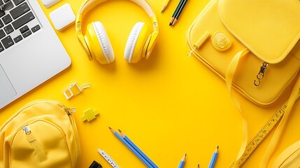 Poster - Back to school online education highcolored bright yellow background White laptop with school education supplies headphones pencil case and accessories top view flat lay copy space : Generative AI